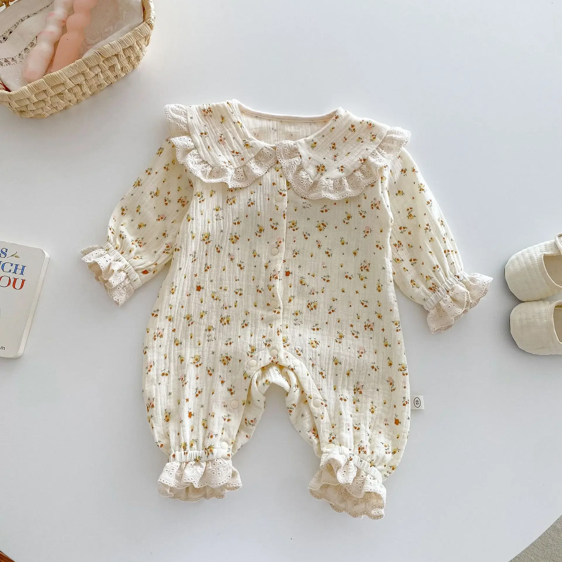 Barboteuse décontractée en coton imprimé pour bébé fille, vêtements de bébé, col de beurre, combinaison de comparateur de jeu mignon, mode d'automne, nouveau, 0-2 ans, 2024