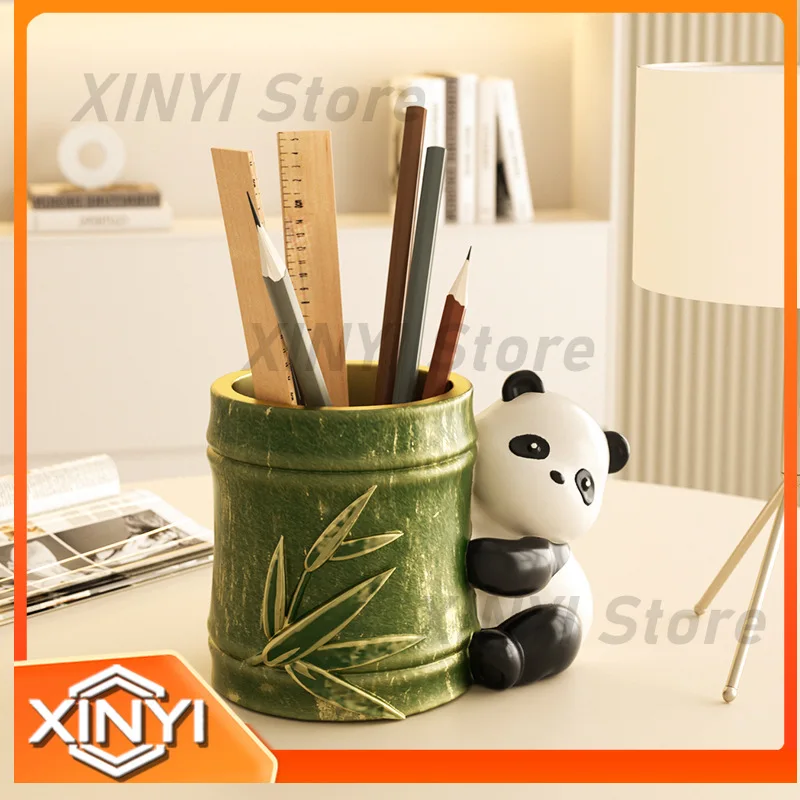 Bamboo Panda Pen Holder Desk Decoration for Office Feng Shui Lucky Gift for Teachers Graduation Christmas Creative Souvenir
