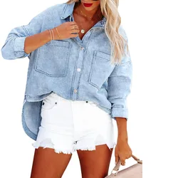 JY Women's solid color medium length casual loose denim shirt for spring and autumn vintage fashion youth women's top