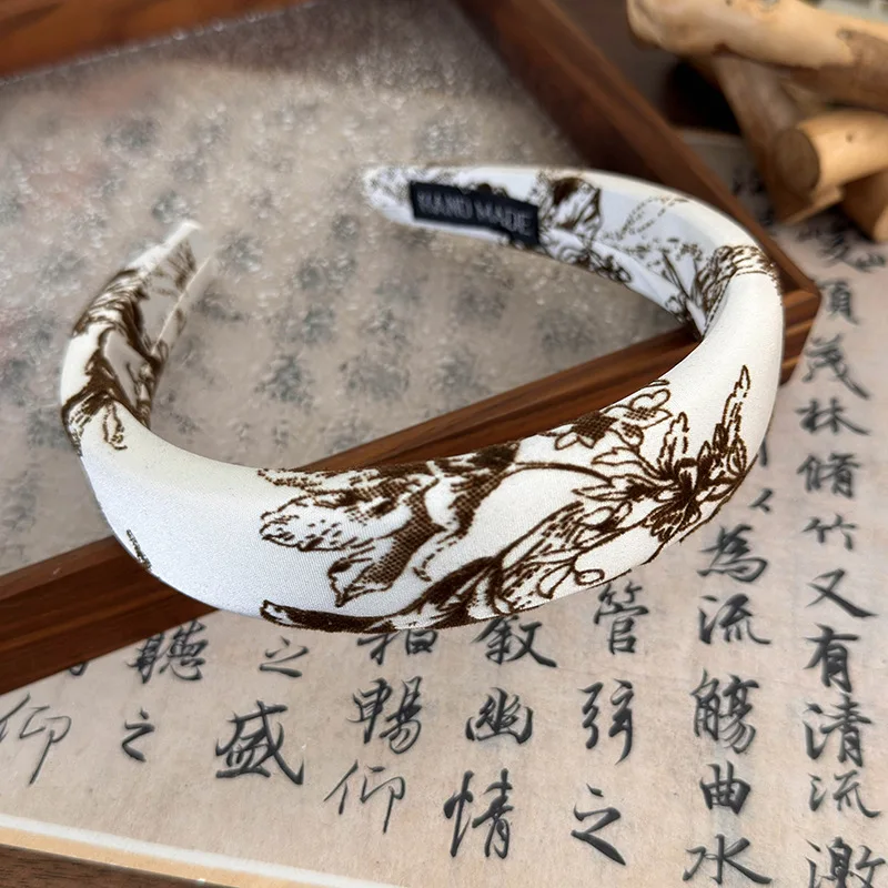 Chinese Style Satin Embroidered Velvet Printing Sponge Headband Wide Hair Band for Woman Girl Elegant Hair Hoop Hair Accessories