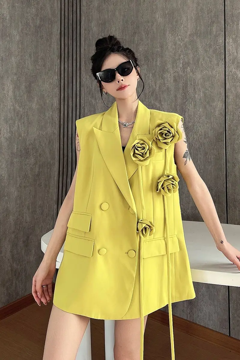 

Insozkdg 3D Floral Yellow Suit Vest for Women Summer New Korean Fashion Oversize Sleeveless Suit Loose Casual Blazers Women Tops