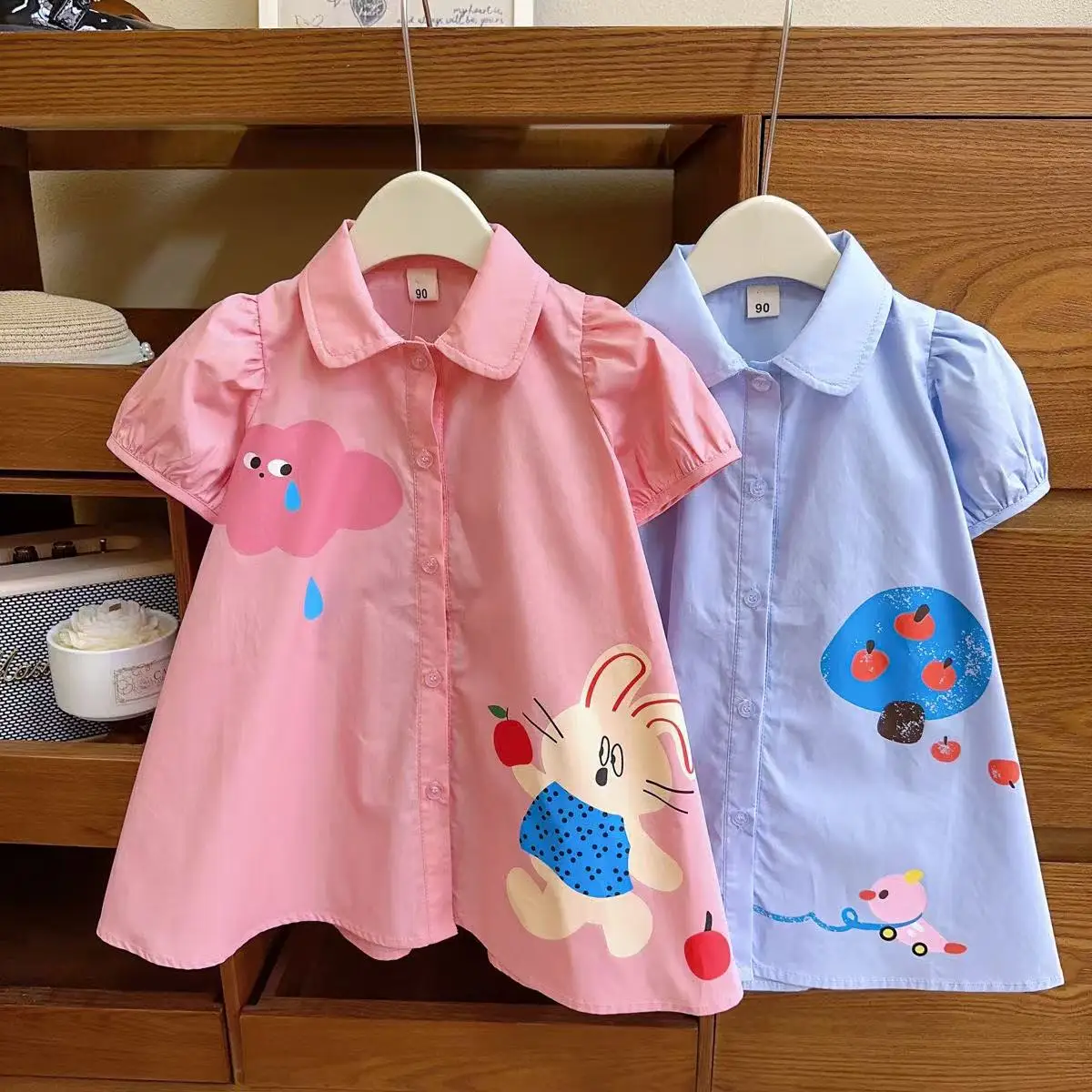 

2-7 Years Girls' Shirt Dress 2025 Summer New Short Sleeve Bunny Cartoon Printed Princess Dress 90-140cm