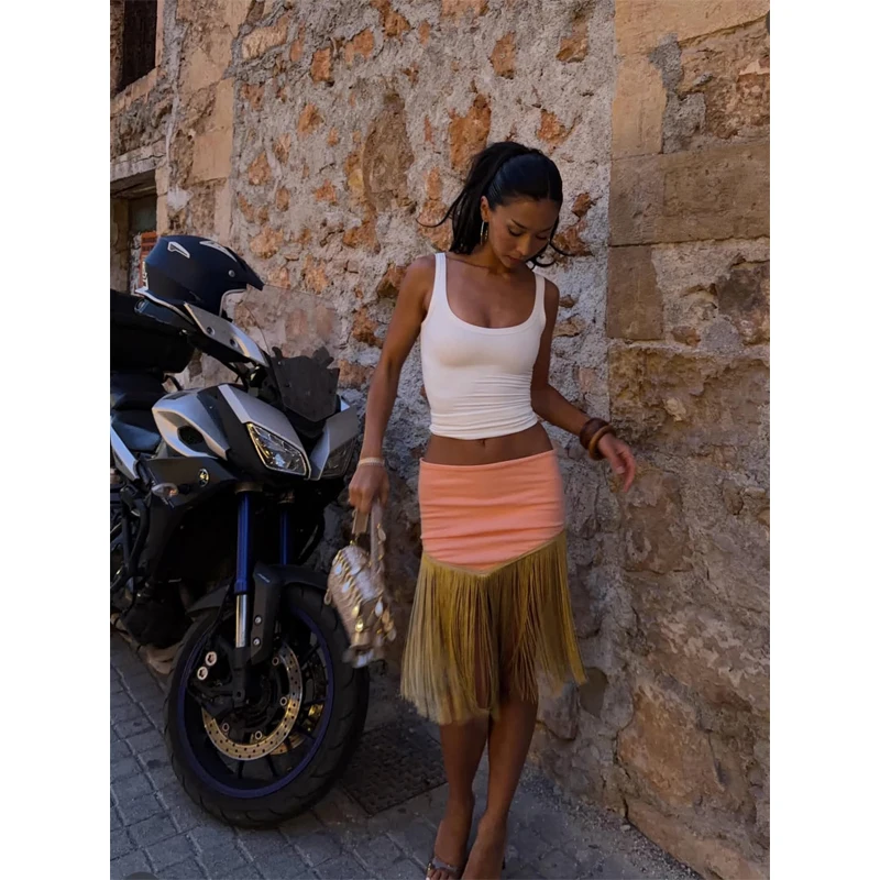 Women's Peach Fringe Bodycon Skirts Women Sexy V-shape Gold Fringe Slim Fit Midi Skirt 2026 Summer Beach Vacation Outfit New 15 S66947e7bf6ac485294314514ff5339eca