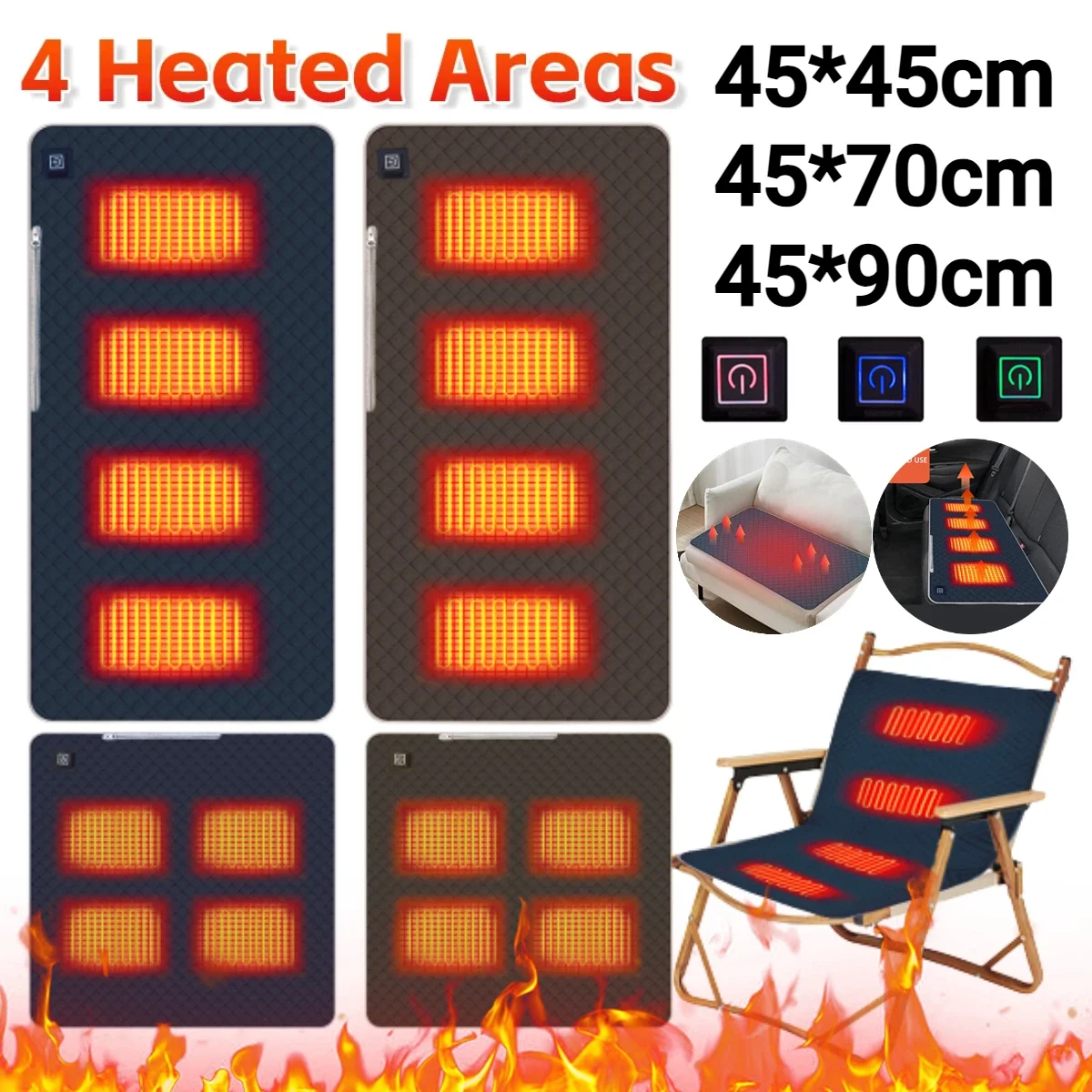 4 Heated Areas Camping Chair Heated Cushion USB Charging Heating Seat Cushion Winter Electric Heating Pad Seat Warmer Cover