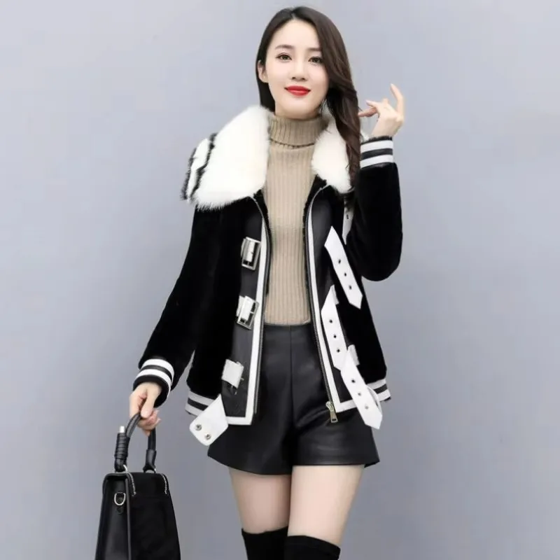 2023 Winter New Women Imitation Fur Big Fur Collar Coat Thicken Warm Short Jacket Loose Fashion Patchwork Outwear Casual Top