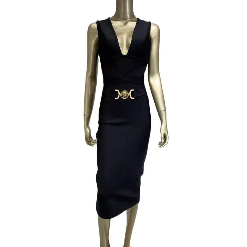 Fashion Women Bandage Dress Metal Buckle Mid Length Celebrity Cocktail  Evening Party Dresses Black Sexy Stage Costume Vestido - AliExpress
