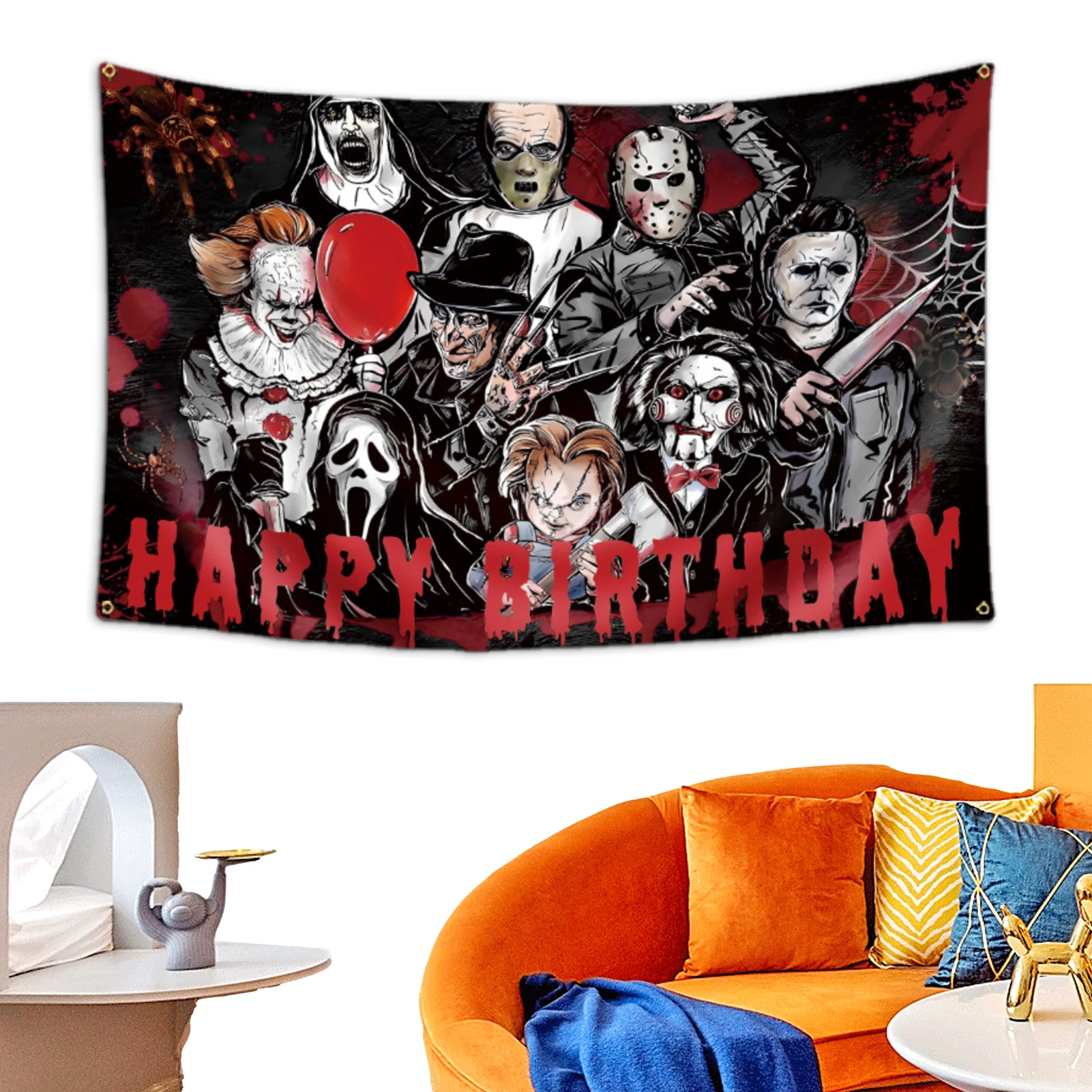 Horror Movie Character Birthday Party Decor Backdrop Banner Scary Banner Happy Birthday Background For Theme Party Home Decor