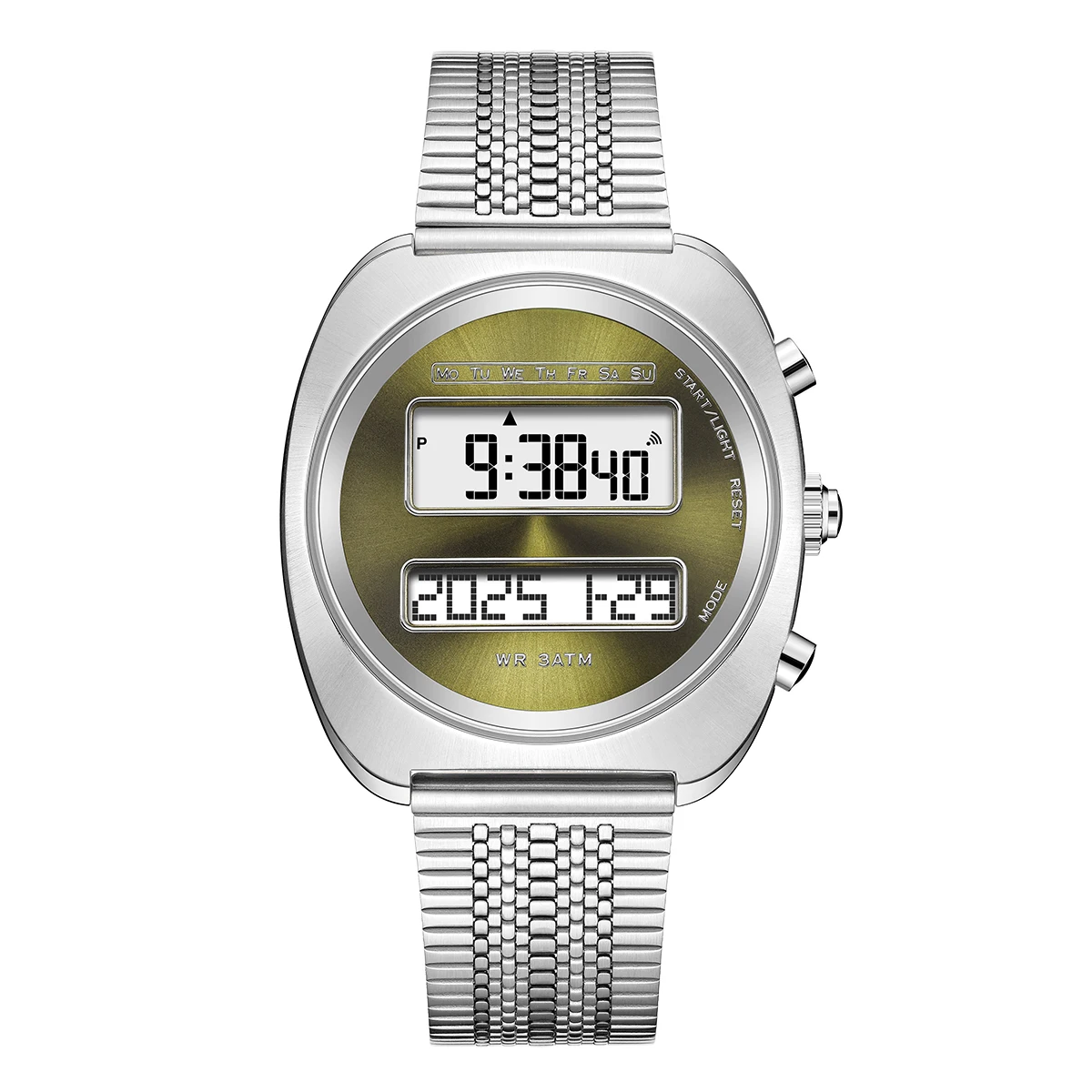 Montre numérique rétro à double affichage pour homme avec date, rétroéclairage, bracelet en acier inoxydable tendance, montre-bracelet électronique unisexe 0330