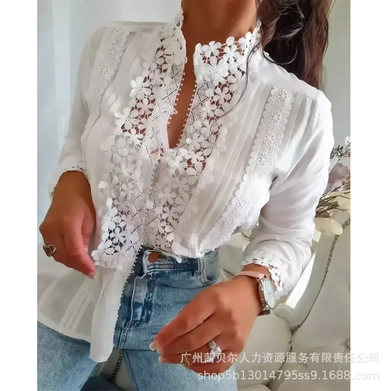 Mandylandy White Lace Shirt Tops Women Casual Floral Stitching Long-Sleeved Shirts Top Solid Color Elegants Summer Shirts Top