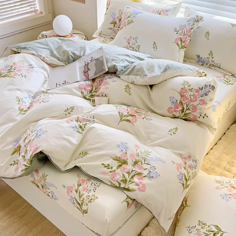 Pink Spring Flowers Duvet Cover 100% Cotton Bedding Set Floral Quilt Cover with Zipper Closure 3pcs Wildflower Comforter Cover