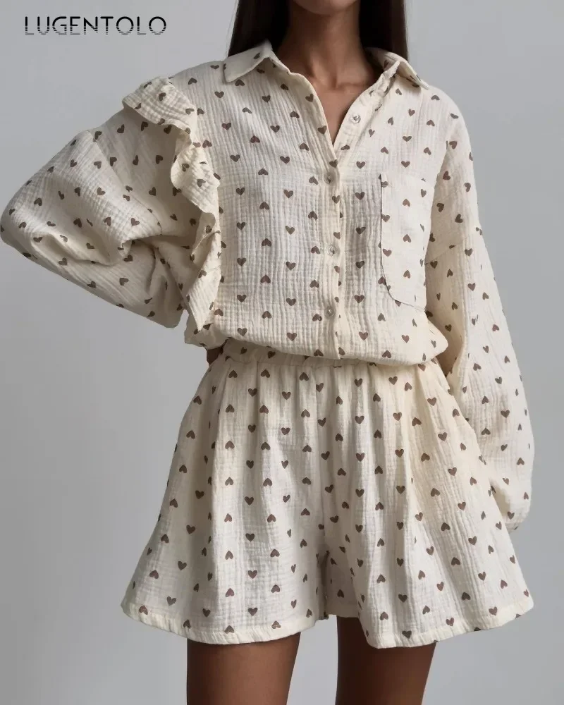 女性シャツショートパンツセットファッション長袖ラペルシングルブレストトップス女性カジュアルコットンリネンホームショーツ 2 個セット