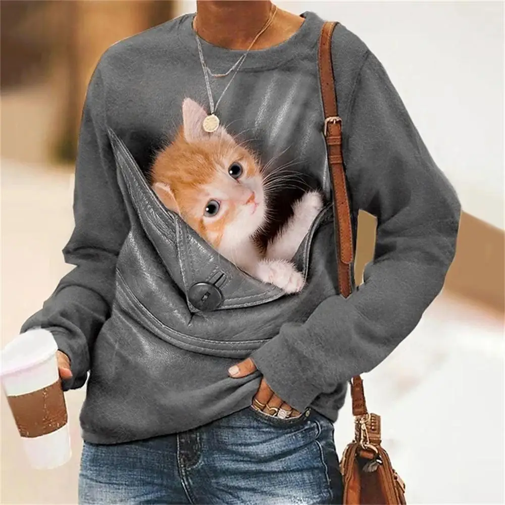 

Ladies' Cute Cat Pattern Long Sleeved Round Neck Autumn Cross-Border New Hoodie Factory Direct SalesME1