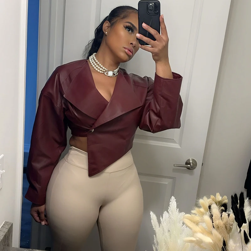 

STYLISH LADY PU Leather Jackets 2025 Autumn Women Long Sleeve Button Asymmetrical Casual Street Club Cropped Outwears