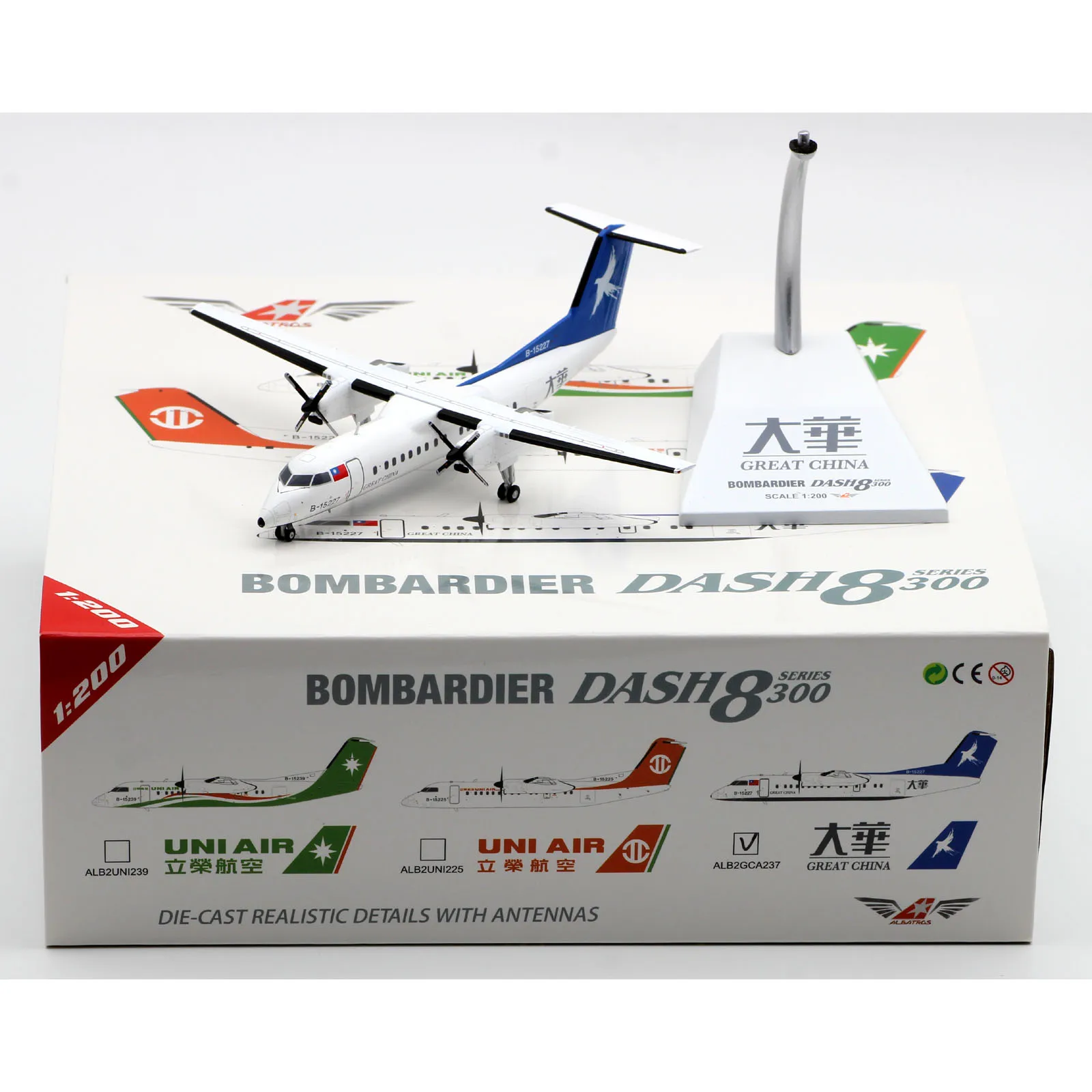 ALB2GCA237 Alloy Collectible Plane Gift JC Wings 1:200 Great China Air Dash8-Q300 Diecast Aircraft Model B-15227 With Stand