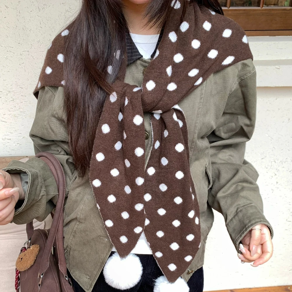 Korean Polka Dot Pom Pom Ins Style Knit Shawl Autumn Women Sweet Versatile Casual Simple Scarf Outdoor Commuting Accessories