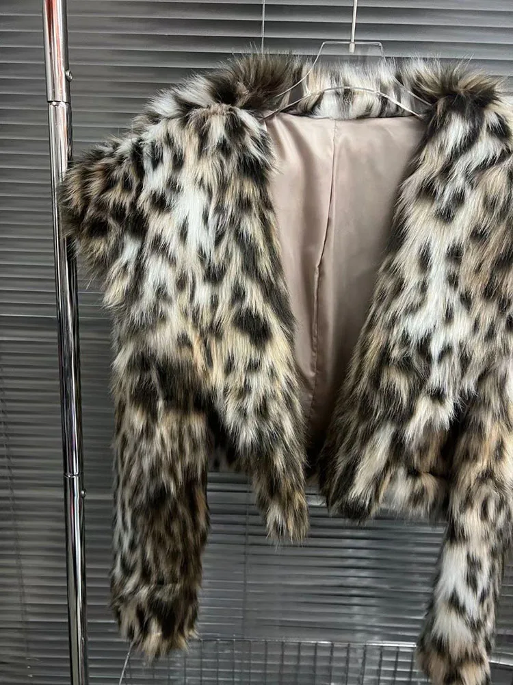 2024 Winter New Fashion Leopard Print Lapel Fur Coat For Women Loose Casual Lapel Long Sleeve Short Jacket Female