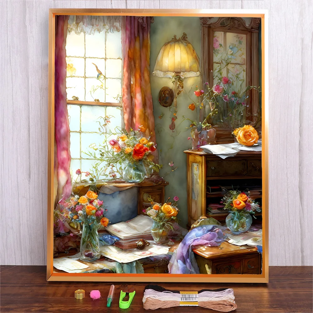 

Flower Window Pattern Embroidery Cross Stitch Kits Adults Craft Needlework Cotton Thread Print Canvas DIY Gift Home Decoration