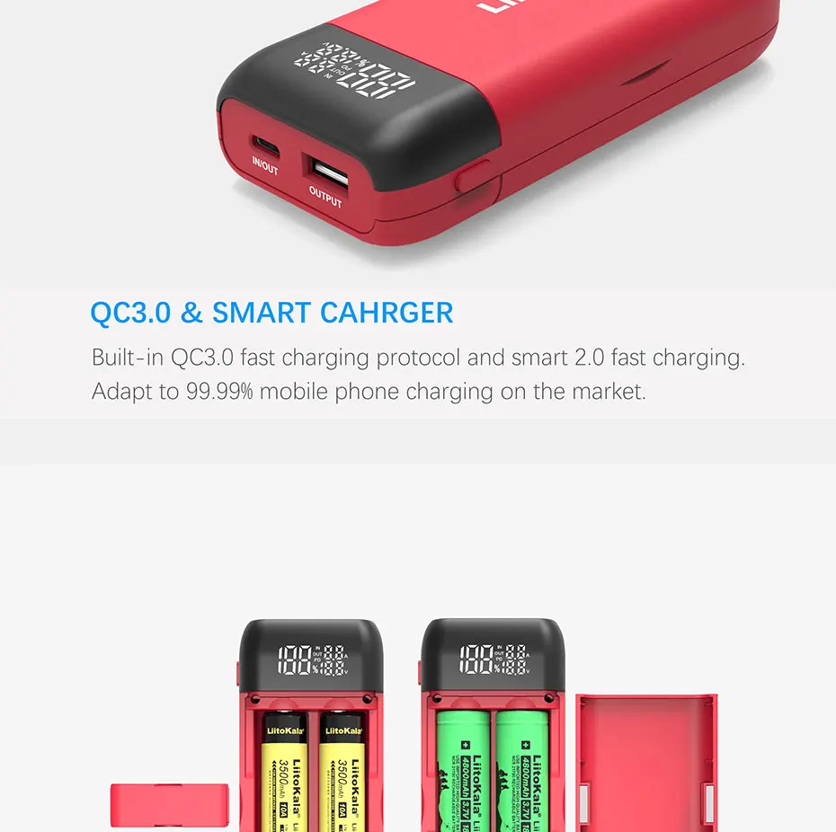 LiitoKala Lii-MP2 Dual Bay 18650/21700 Charger & QC3.0 PD3.0 Power Bank (No Battery)Input/Output Digital Display