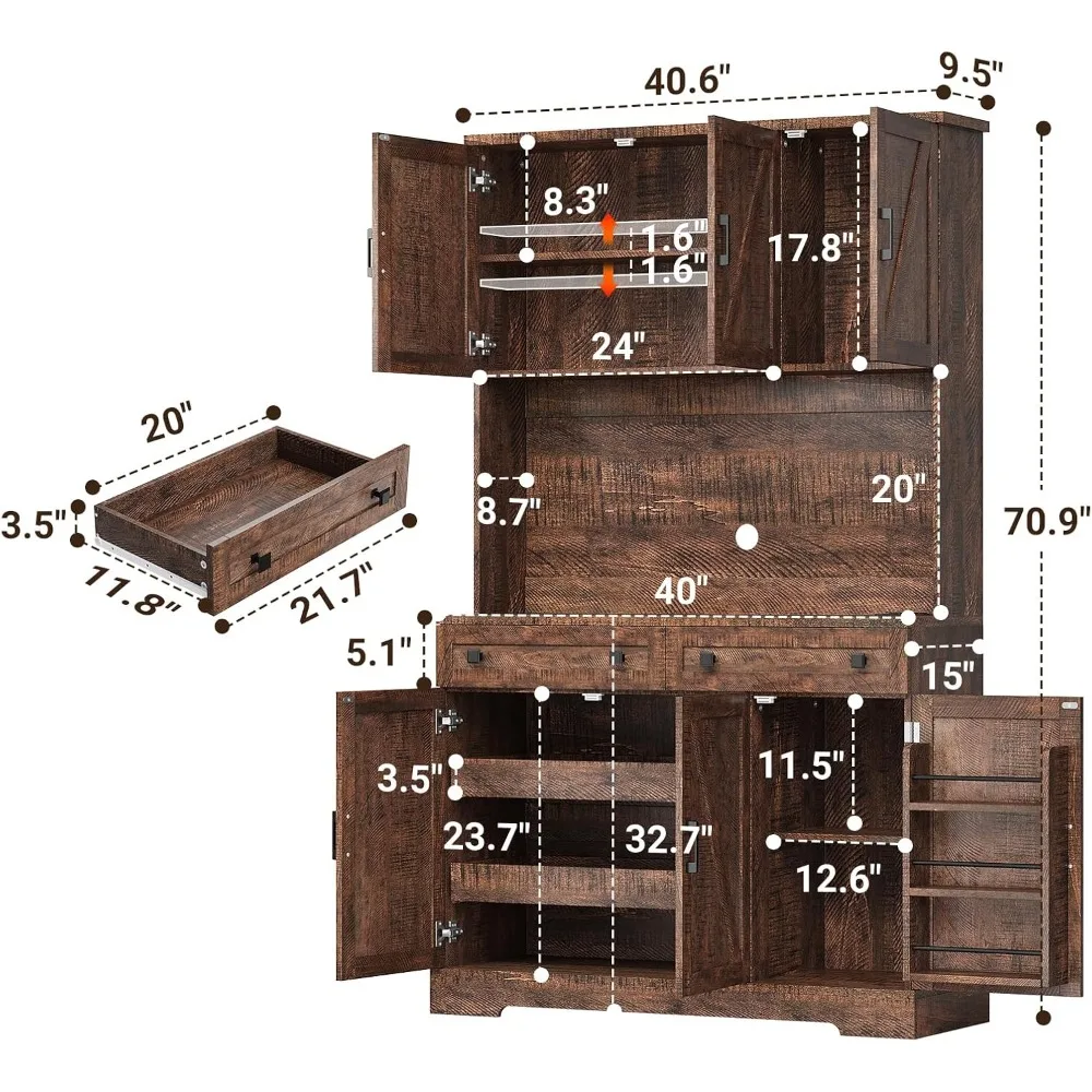 71-hoher Küchen-Speisekasten mit Ladestation und LED-Leuchten, Bauernhaus-Küchenschrank mit Mikrowellenständer