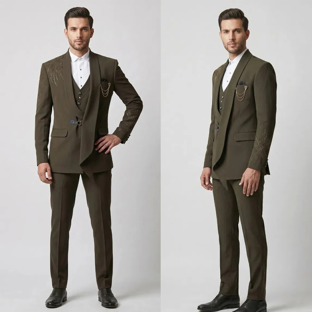 Fashion One Button Men Suit Shawl Lapel Beaded Sequins Tuxedos Formal Evening Party Wear 3 Piece Customized Special Occasion Set