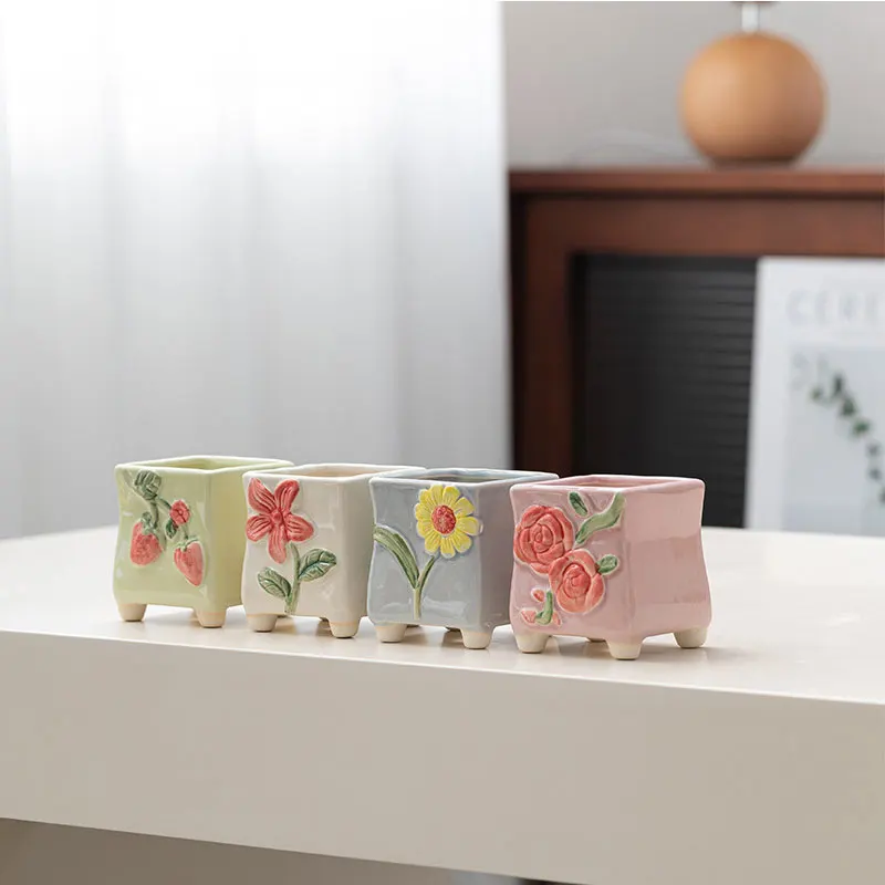 Cute Flower Ceramic Vase Succulent Flower Pots Plant Hand-Painted Plain Pottery Household Crafts Home Decoration