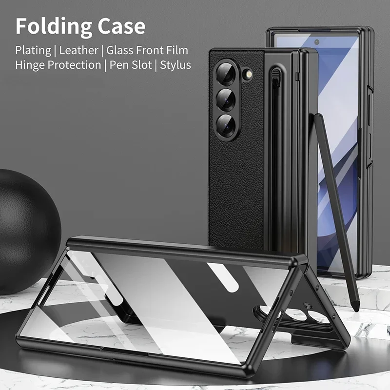 Casing Kulit Pelindung Engsel untuk Samsung Galaxy Z Lipat 7 6 5 4 3 5G Casing dengan Stylus Sentuh Pena S & Pelindung Layar Penutup Ponsel
