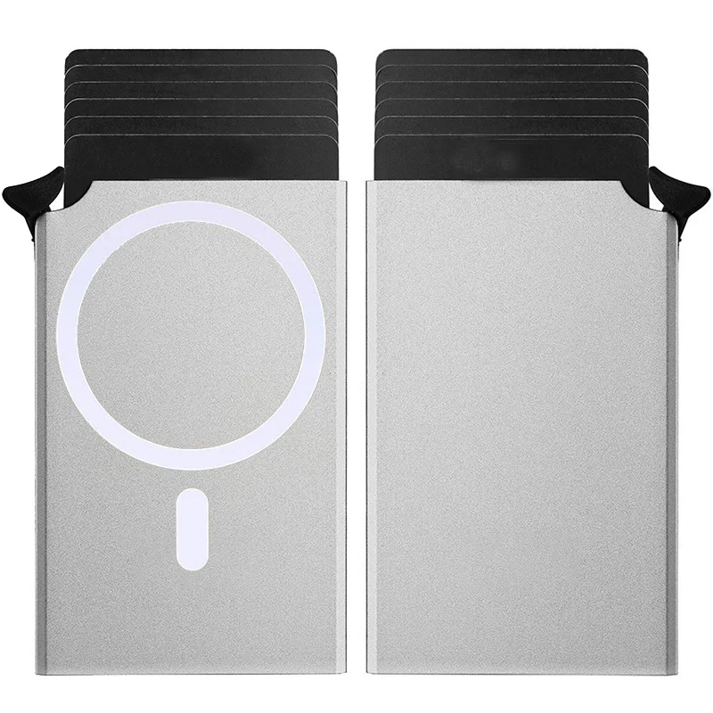 RFID-blockierender Kartenhalter mit Magnetverschluss, Pop-Up-Design, seitliche Kartenablage aus Legierung, Business-Geldbörse mit automatischer Kartenöffnung, große Kapazität, Metallbox – Detail 12