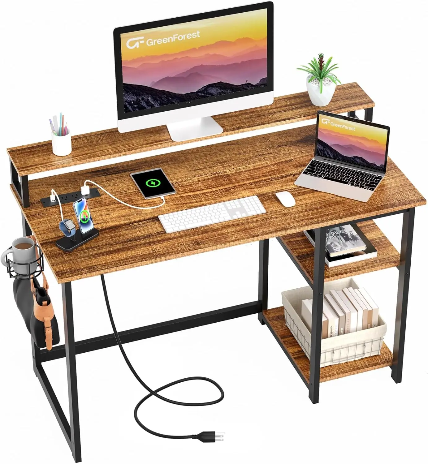 

40 inch Computer Desk with Power Outlets, Small Home Office Desk with Ergonomic Monitor Stand, Reversible Gaming Desk