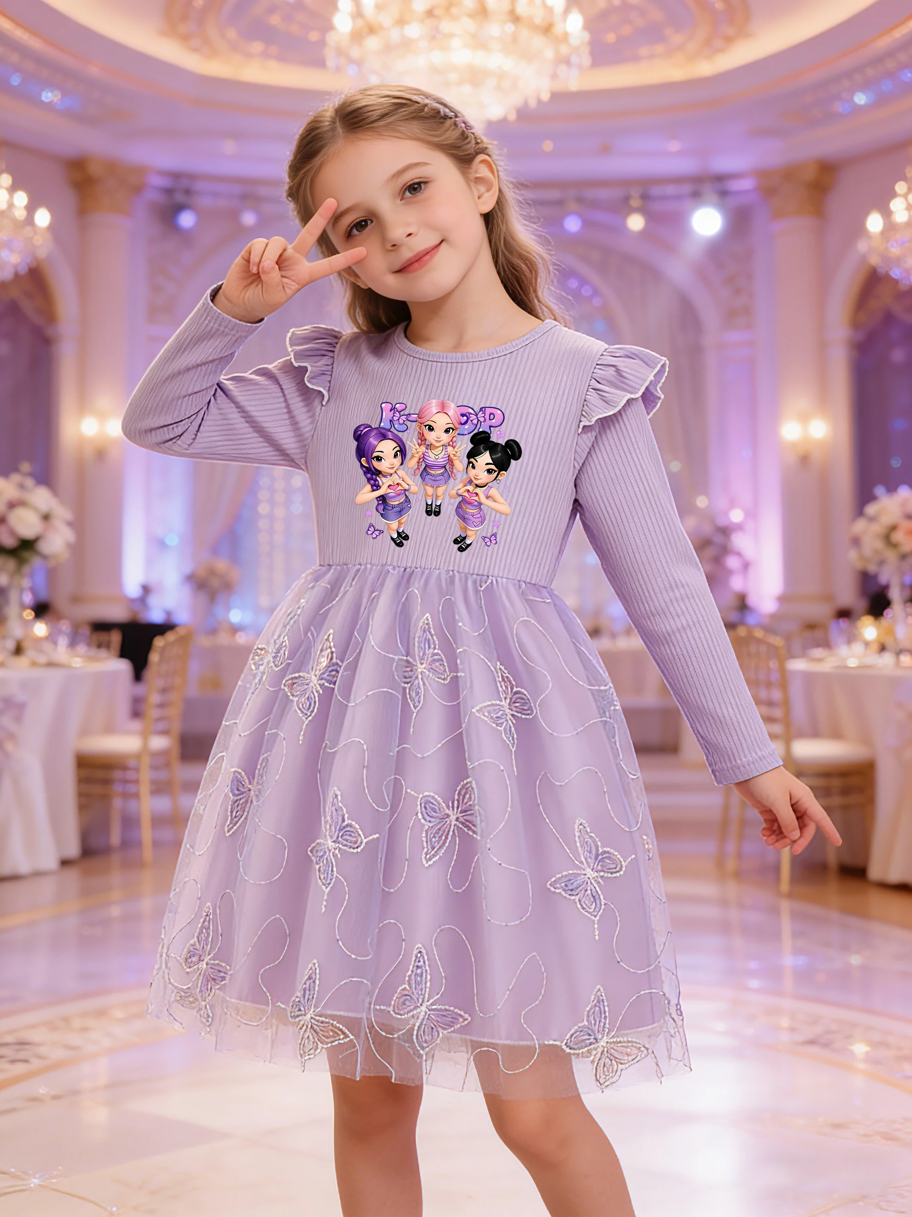 Girls Ins-style Dress, Ribbed Flutter Sleeve Top + Embroidered Butterfly Tulle Skirt Hem