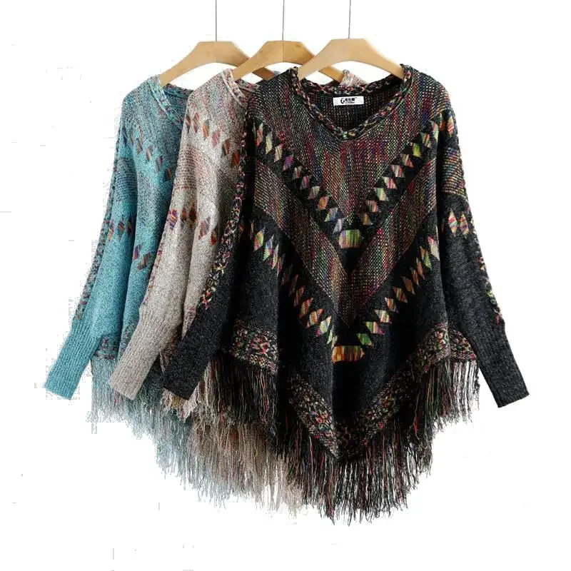 

New Women Vintage Patchwork Tassel Tricot Pullover Poncho Female Batwing Sleeve Oversize Knit Shawl ponchos and Capes sweaters