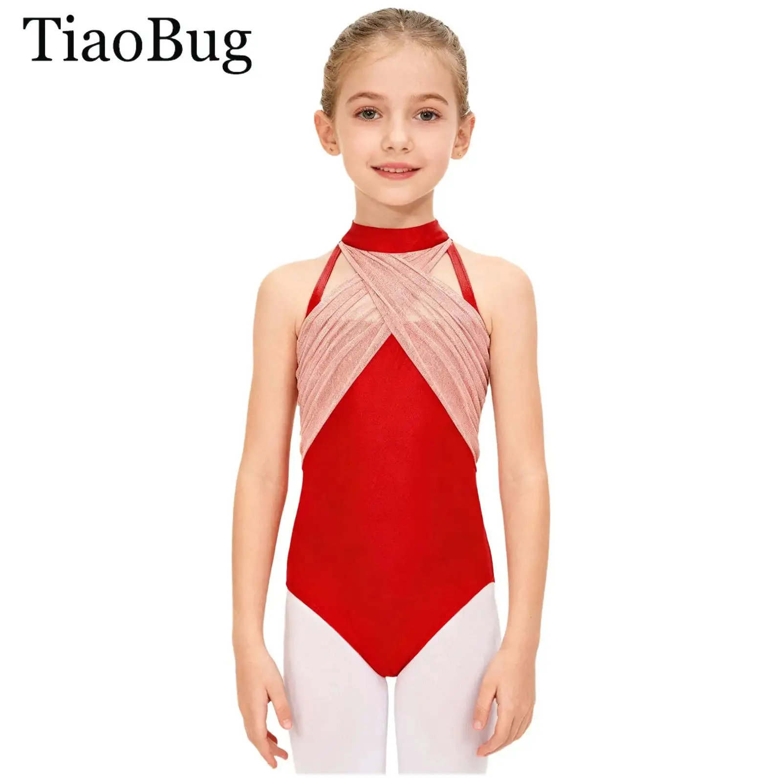 

Girls Sleeveless Lace Patchwork Gymnastics Ballet Tank Unitard Shimmer Mesh Dance Leotard Figure Skating Dance Bodysuit Workouts