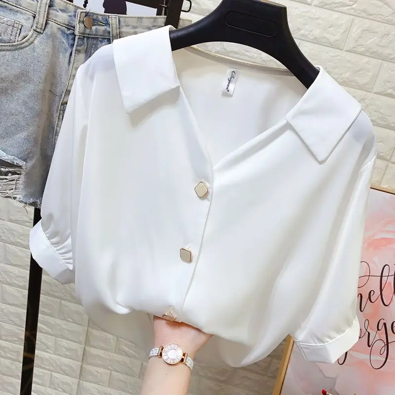 Summer New V-neck Loose Slimming Chiffon Shirt for Women\'s Temperament Short Sleeved Pearl Button Western-style Trendy Top