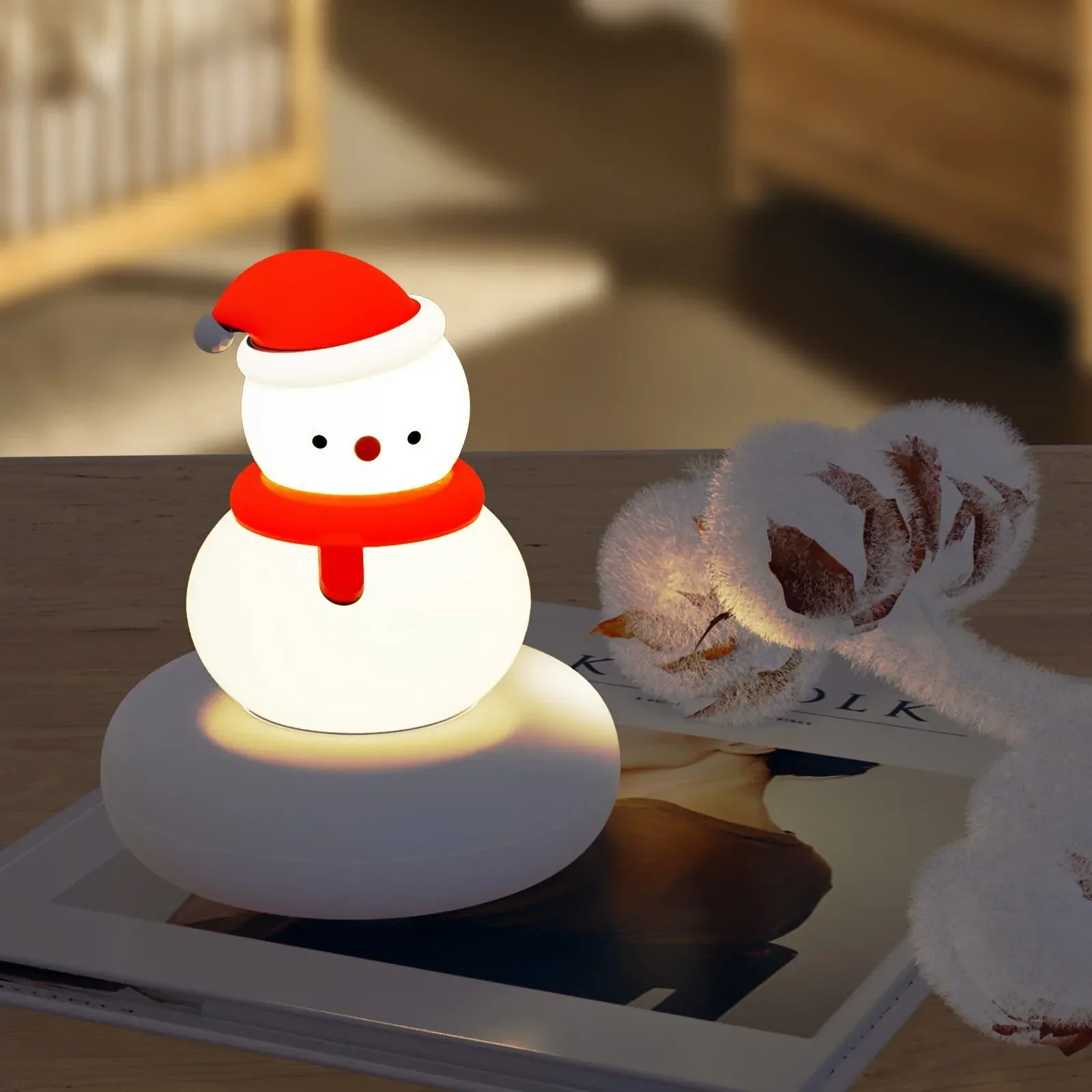 Christmas Night Light, Snowman Cat Bedside Lamp for Kids Tap Control Rechargeable Nursery Lamp Table Lamp for Bedroom Camping Ro