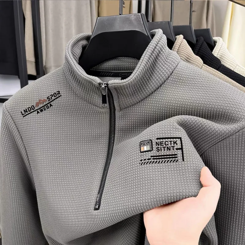 فضفاضة عادية سحاب أكمام طويلة طوق البلوز العصرية ألياف البوليستر ربيع الخريف الرجال تي شيرت الكورية نمط الشارع الشهير