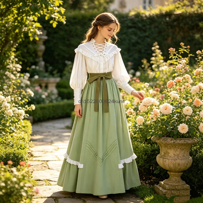 Conjunto de 2 piezas de disfraz victoriano de Halloween para mujer, estilo medieval vintage Mori Girl, con cordones, cintura alta, falda plisada en línea A y camisa con volantes.