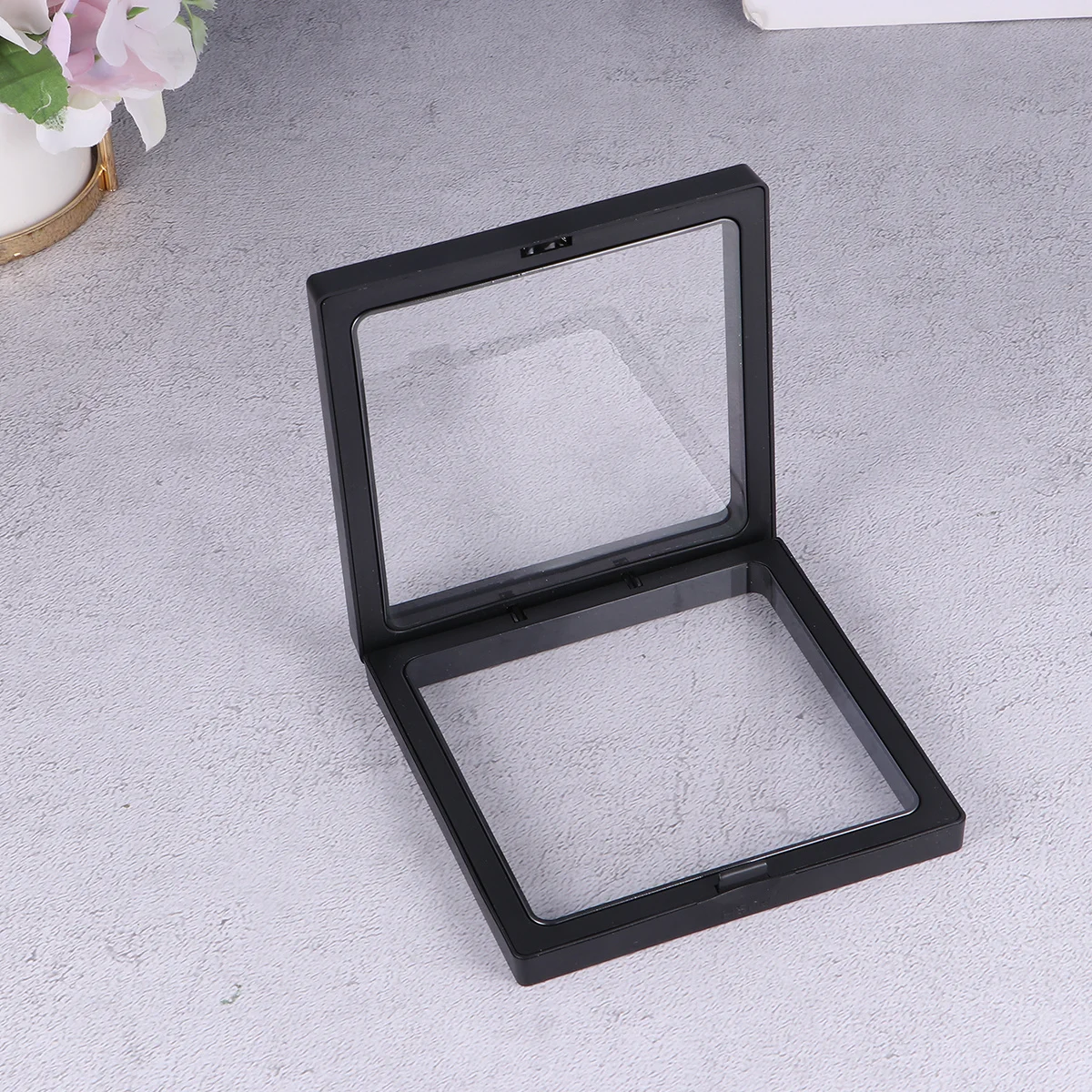 12pcs Clear Display Box Floating Holder For Jewelry Organizer Dustproof Storage Case Black 4 Boxes+8 Bases Pe Frame