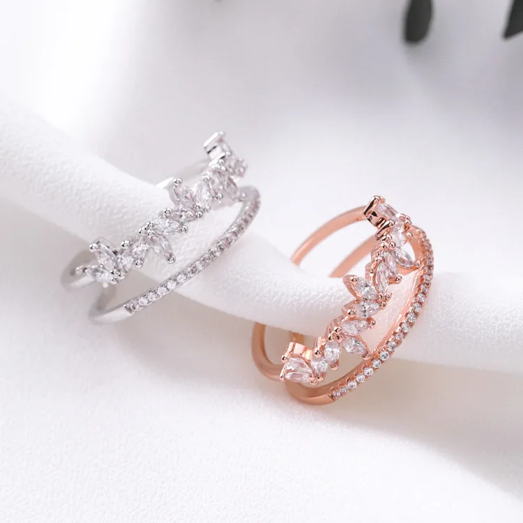 Ring Double Layered Leaf Zircon Open Adjustable Index Stackable Drip Style for Women Daily Elegant Lightweight Premium Quality