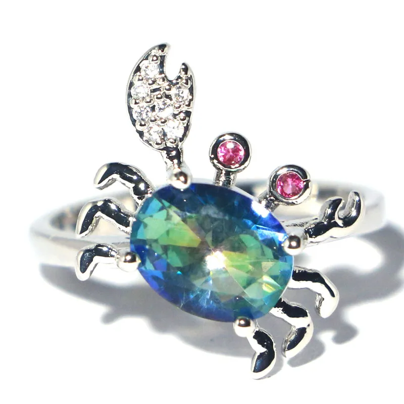 

Buy 3 Get 1 Free 14x14mm Lovely Crab Shape Fire Rainbow Mystic Topaz White CZ Women Engagement Dating Silver Ring Daily Wear