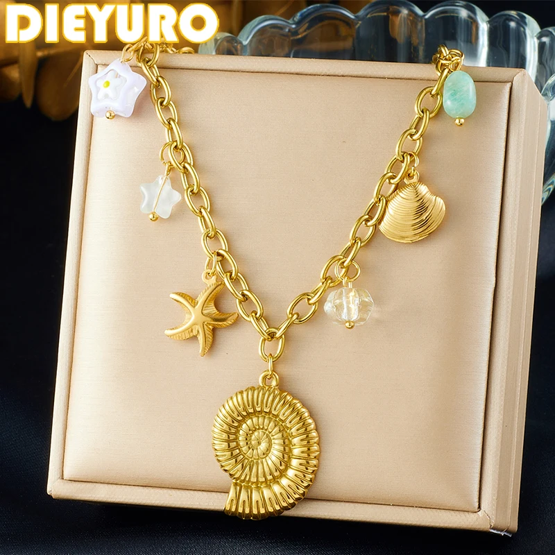 DIEYURO Нержавеющая сталь 316L Золотая морская звезда Раковина Кристалл Кулон Ожерелье Женщины Новый тренд Цепочка на шею Отпускные ювелирные изделия