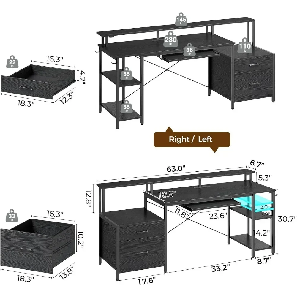 Computer Desk Gaming Desk with LED Light & Power Outlets, Home Office Desk with File Cabinet & Storage Shelves