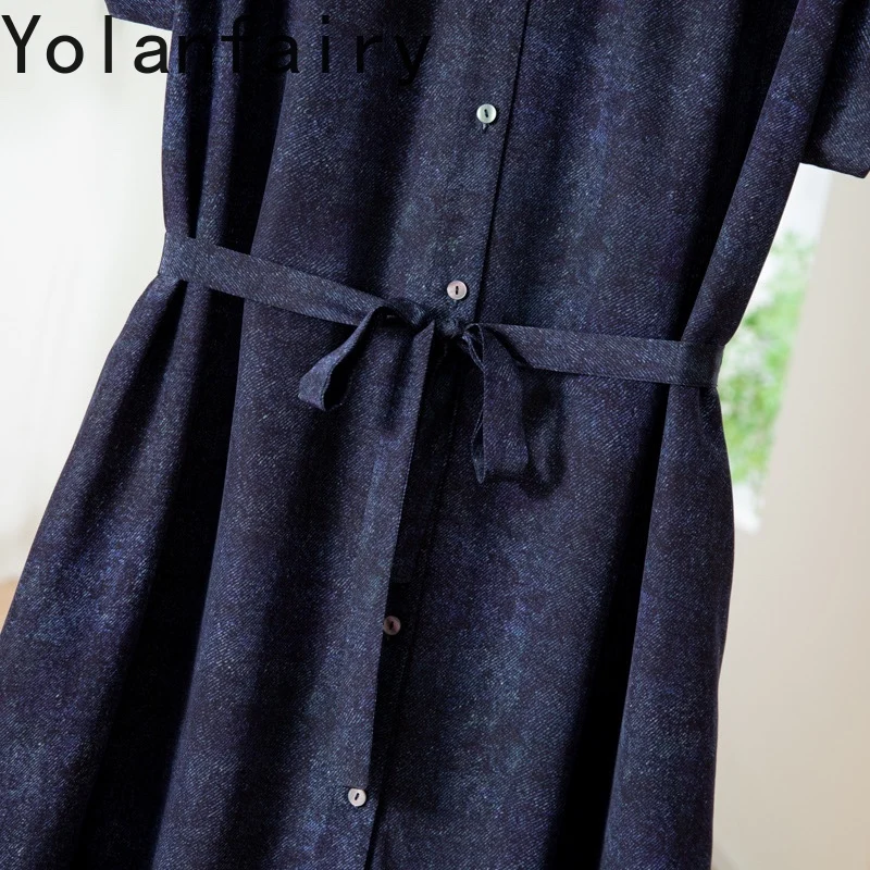 YOLANFAIRY 100% Pure Mulberry Silk Dresses 2025 Woman Fashion Denim Printed Short-sleeved Dress Lace-up Office Wear Long Dresses