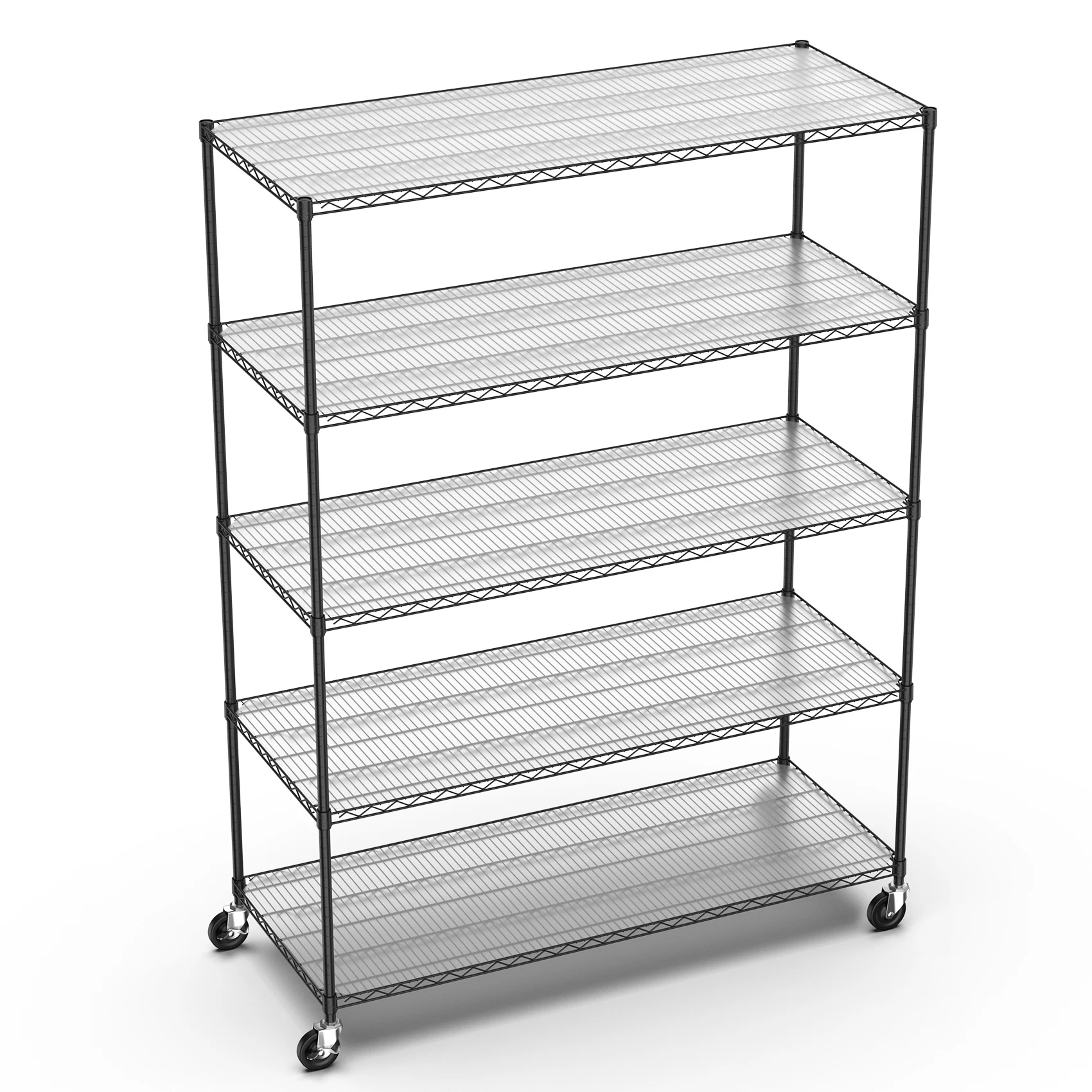 5-layer 7500 pound heavy-duty adjustable storage rack metal frame with wheels and shelf pads - black, white, chrome