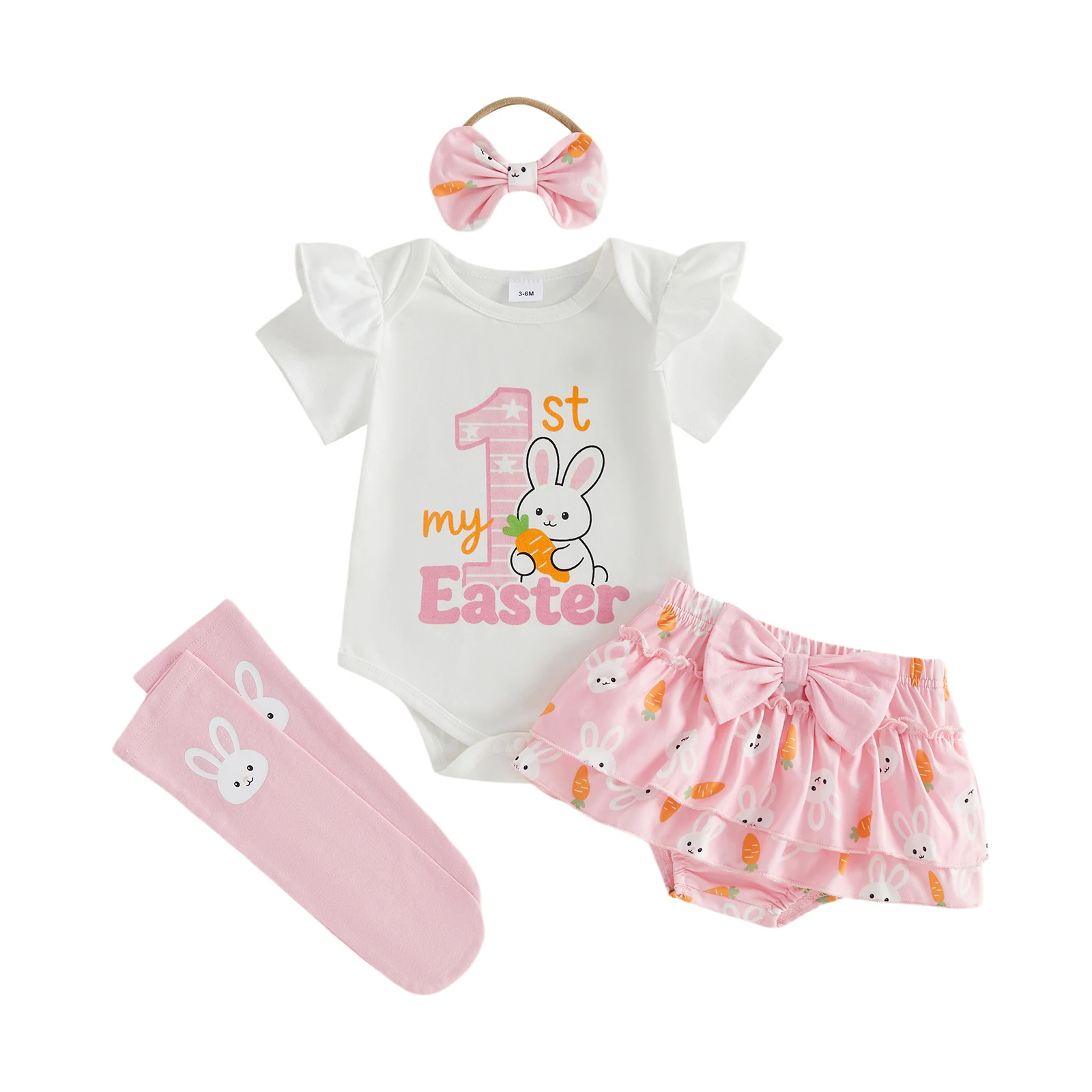 Baby Girls Easter Shorts Outfits Flying Sleeve Letter Print Romper Bunny Carrot Print PP Shorts Socks Headband Sets