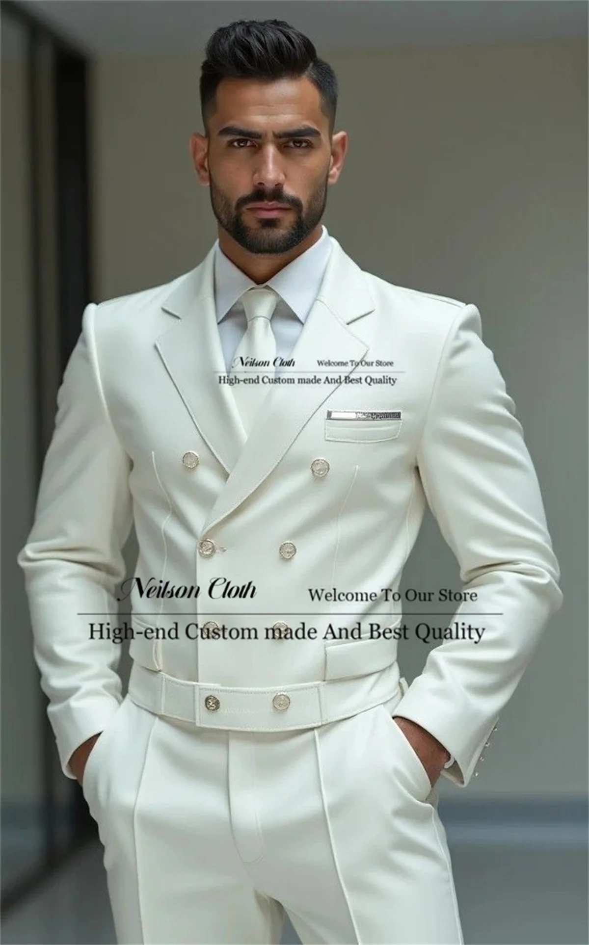 

Fashion White Male Prom Blazers 2 Pcs Sets Notched Lapel Groom Wedding Tuxedos Custom Short Coat Double Breasted Costume Homme