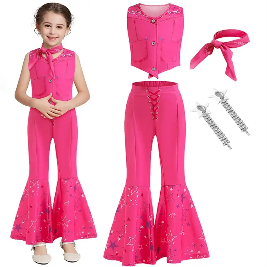 

Halloween Birthday Party Clothes Girls Sleeveless Pink Suit Sweet Barbie Carnival Cosplay Costume Vest Top And Flared Pants Sets