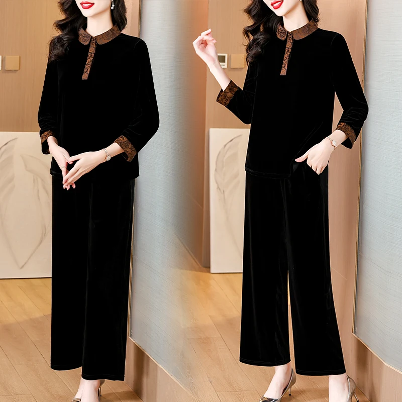 Large Size Casual Sets Spring Fall Middle Aged Mother Retro Gold Velvet Pants Two Piece Suit Women Velvet Conjunto Tracksuit