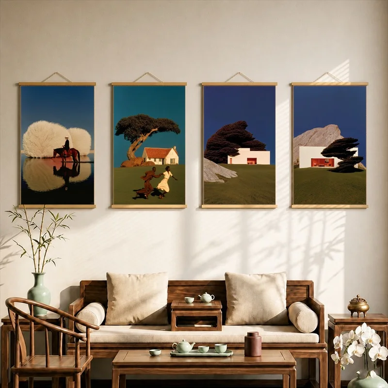 Wall Art Bold Retro Color Landscape, Mid Century Modern Pearlescent Canvas Hanging Scroll with Wooden Rods for Creative Studio