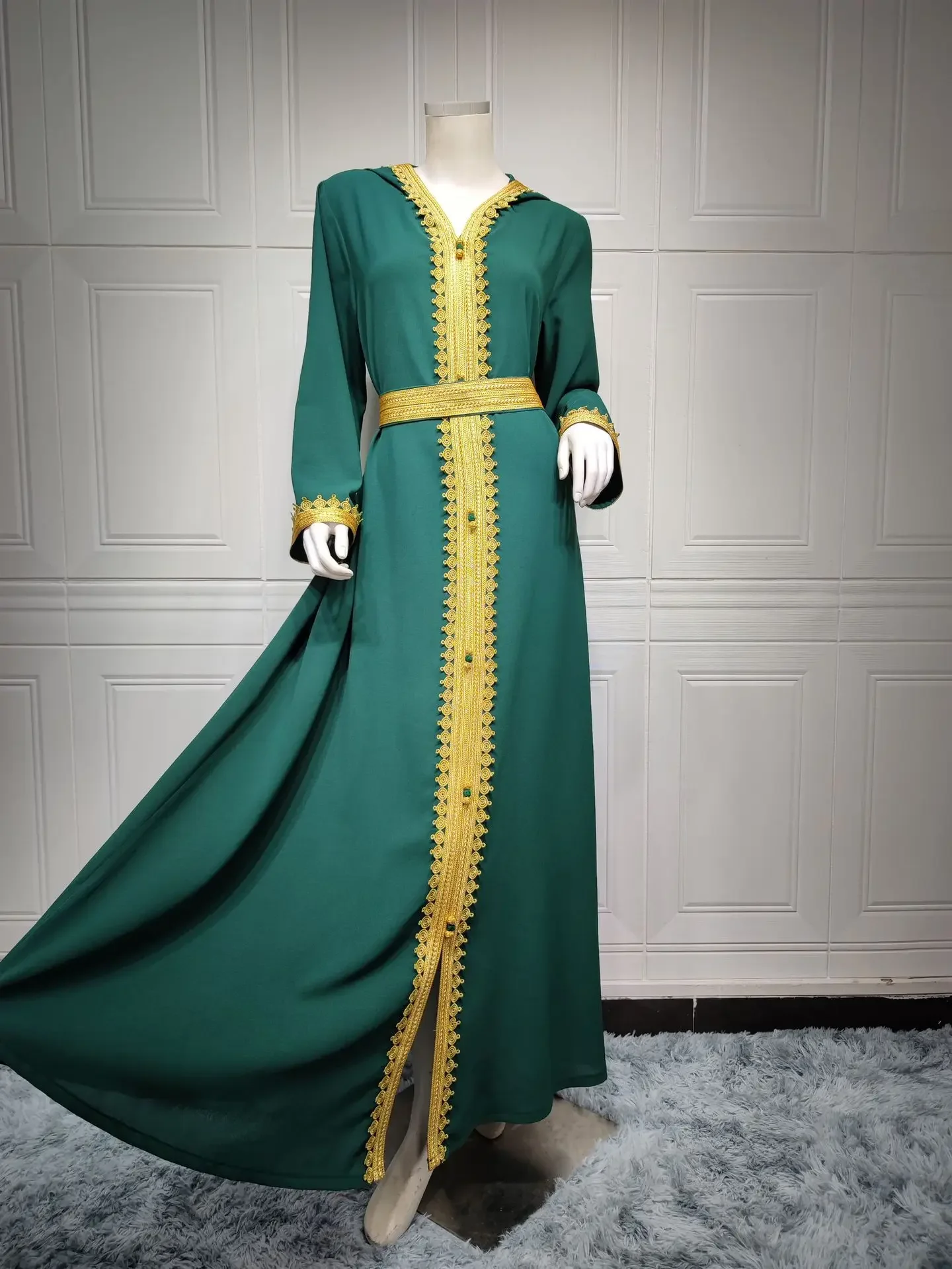

UNI Hooded Women's Clothing Abaya Moroccan Caftan Evening Party Long Sleeve Dresses with Belt Gulf Women Jalabiyat Large Clothes