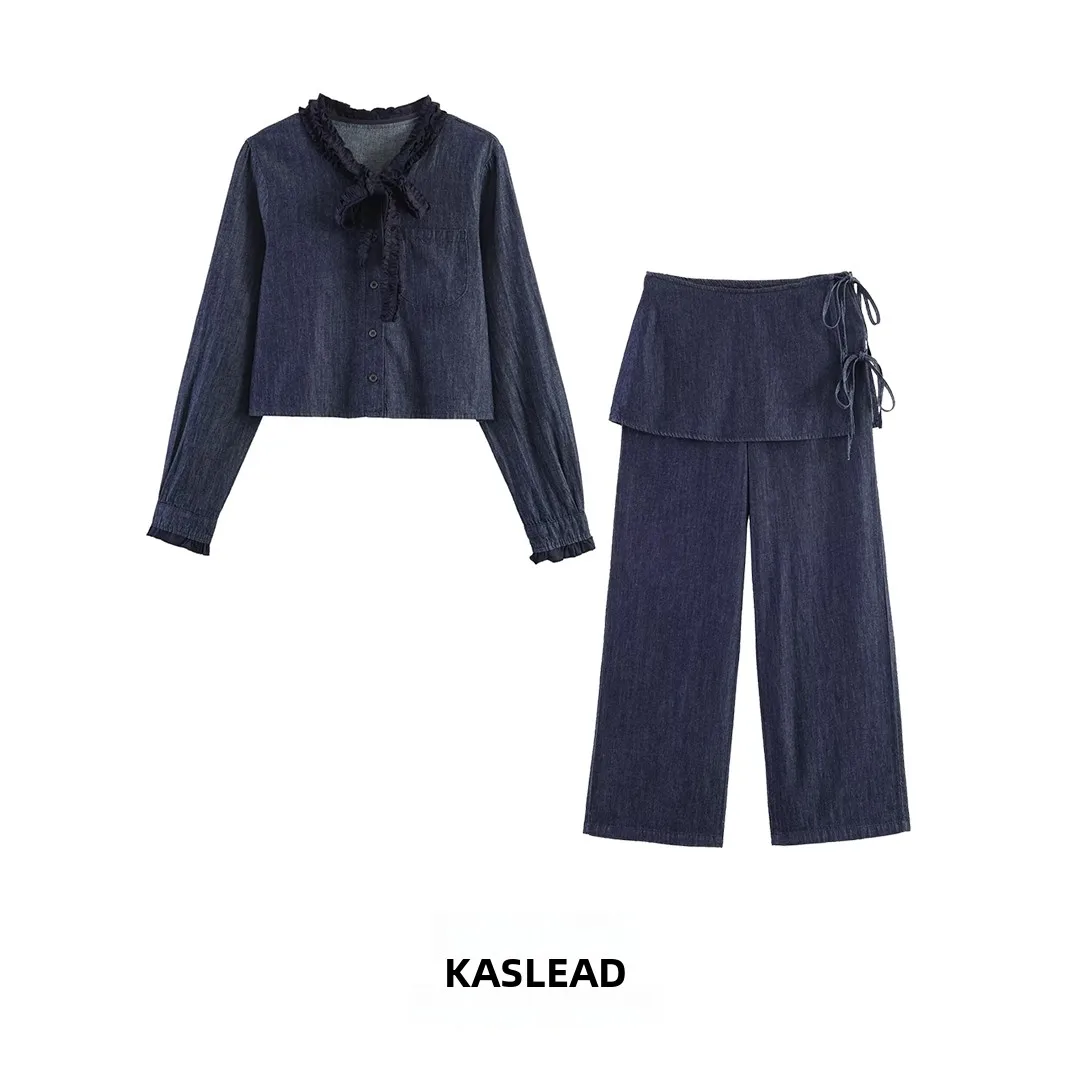 

KASLEAD New Women's Denim Shirt Coat Casual High Waist Long Pants Spring Fashion Set Knot Front Button Design