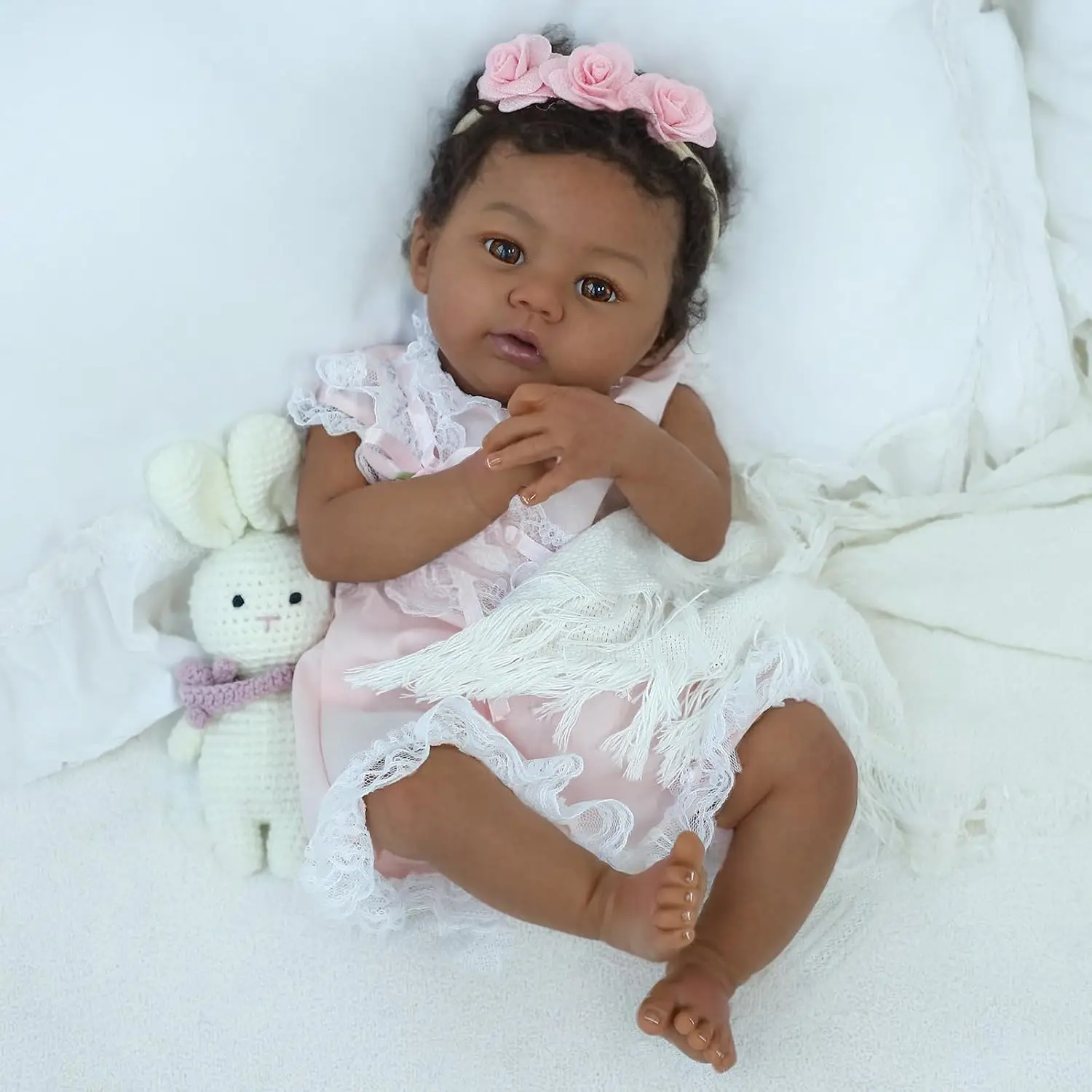 NPK 18inch Lifelike Reborn Doll Abigail Dark Skin Tone Soft Touch Cuddly Body Doll with 3D Painted Skin And Visible Veins